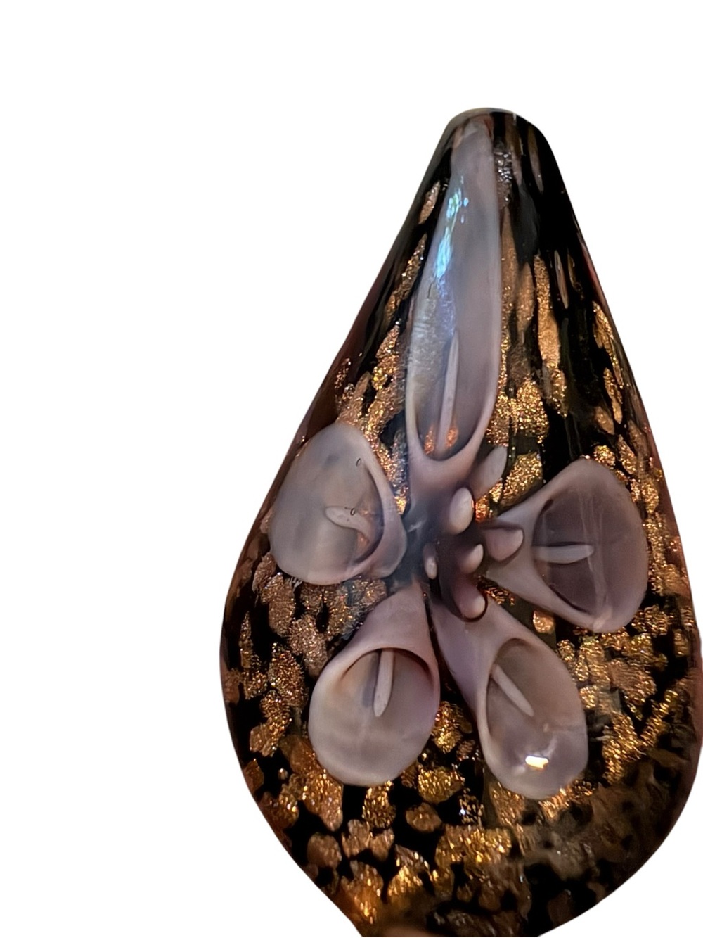 Vintage Murano Style Art Glass Pendant Necklace Lavender Flower & Gold 26" Chain - Picture 7 of 9